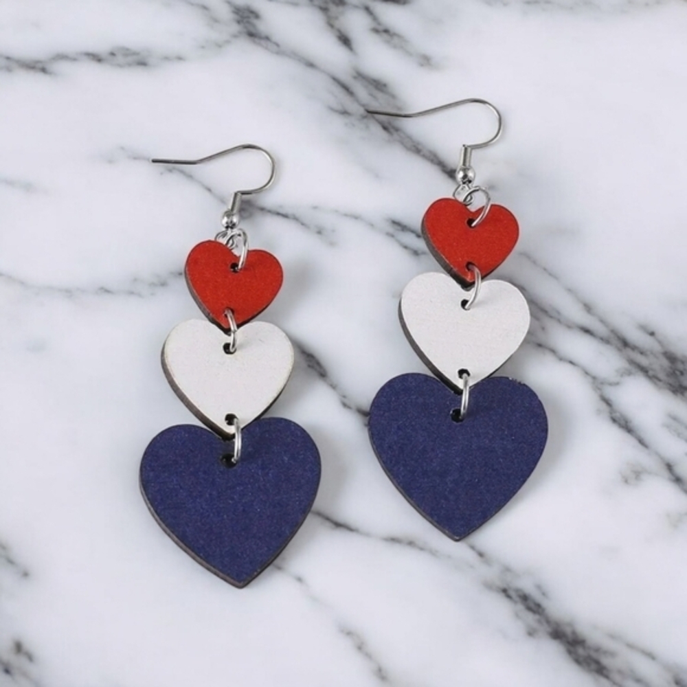 NEW Women's Triple‎ Heart Patriotic Wooden Fashion Earrings